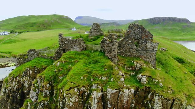 The ruins of Duntulm Castle on the Isle of Skye - aerial drone footage