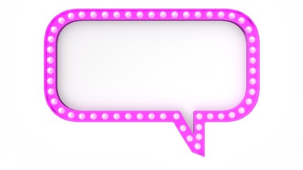 Pink speech bubble marquee light board sign retro on white background. 3d rendering