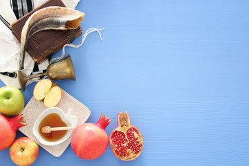 Rosh hashanah (jewish New Year holiday) concept. Traditional symbols.