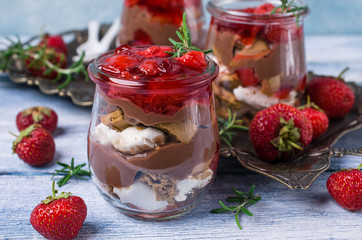 Cold dessert with strawberry jelly