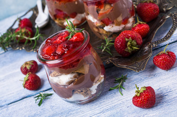 Cold dessert with strawberry jelly