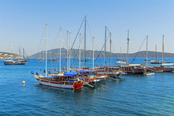 Fototapeta premium Bodrum, Turkey, 23 May 2011: Gulet Wooden Sailboats at Cove of Kumbahce
