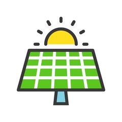 Solar cell panel and sun, green energy icon filled outline flat design