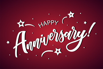 Happy Anniversary lettering card, banner. Beautiful greeting scratched calligraphy white text word stars. Hand drawn invitation print design. Handwritten modern brush red background isolated vector.