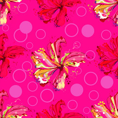 Fototapeta na wymiar Seamless background pattern flower abstract create from hibiscus flower ,purple colorful on yellow background,vector illustration