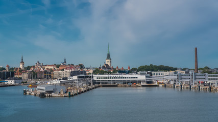 Tallinn in Estonia, panorama of the town and the harbor, view from the sea
