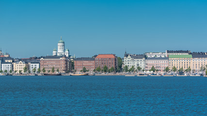 Helsinki in Finland, panorama of the town from the sea, with the cathedral in background 
