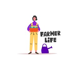 Vector hand illustration with a girl farmer and the inscription 