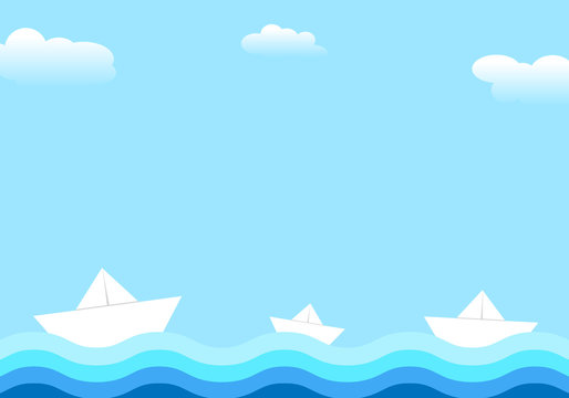 Paper ships on water. Clouds in the sky. Vector illustration.