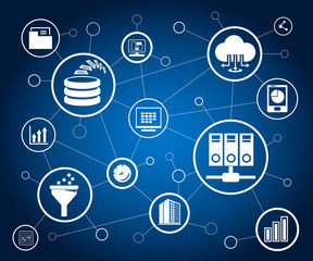 data analytics icons and network on blue background