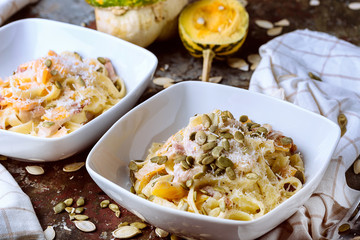 Pasta with carbonaria, spaghetti with hard parmesan and cheese-sauce. Traditional Italian cuisine. Pasta al-Carbonara