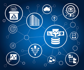 data analytics icons and network on blue background