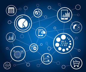 data analytics icons and network diagram on white background