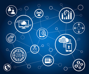 data analytics icons and network diagram on white background