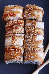 Maki rolls with over grey background. Japanese Sushi. close up. 