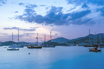 Bodrum, Turkey, 27 May 2011: Sailboats at Cove of Kumbahce on Sunset