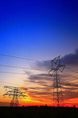 Pylon, high-voltage tower sky background.