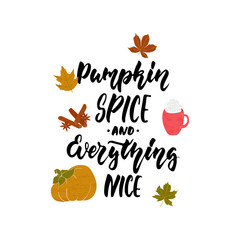 Pumpkin spice and everything nice - hand drawn cozy Autumn seasons holiday lettering phrase and Hugge doodles leaves, latte cup, pumpkin, cinnamon and star anise. Fun brush vector illustration design.