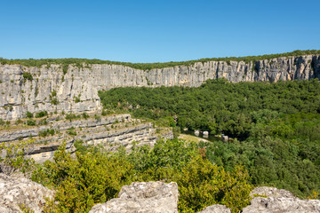 Beautiful landscape with gorges and rocks at the river Ardeche at "Cirque des Gens" near the small village Chauzon in the south of France