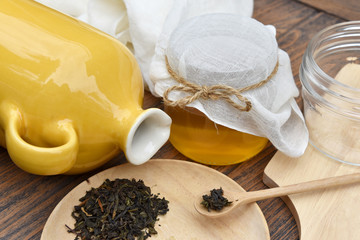 Kombucha tea, Healthy fermented food, Probiotic nutrition drink for good balance digestive system.