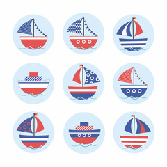 Cartoon stickers with colored boats in the sea. Children's drawing. Vector illustration