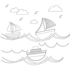 Painting the sea transport, cartoon boats. Vector illustration.