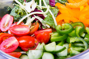 Closeup fresh organic sliced tomatoes, green and yellow peppers, mixed green salad