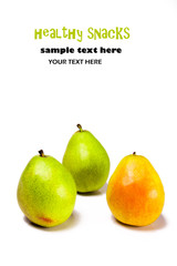 Yellow red and green pears isolated on a white background with text space. Healthy organic snacks.