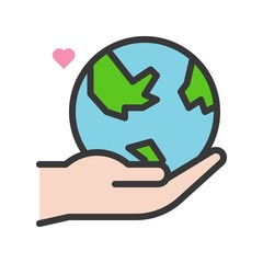 Hand holding Globe or planet earth icon filled line flat design