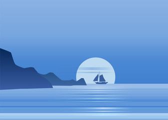 Fototapeta na wymiar Night moonlight sailboat on blue sea ocean horizon, vector background, rock, sailing illustration, vector, isolared