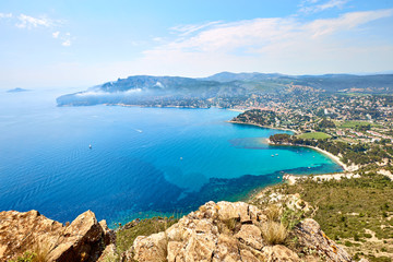 panoramic View of Cassis town, Route des Cretes mountain road, Provence, France - 214882972