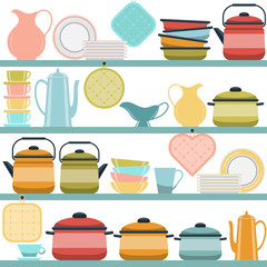 Shelves with dishes, vector illustration.
