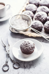 Homemade bakery and sweet muffins with powdered sugar