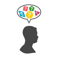 Silhouette of a male face with questions, Male head profile and question marks