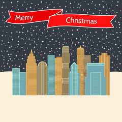 Night city with stellar sky and a red ribbon with the inscription Happy Christmas. Vector illustration.
