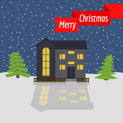 Winter night with lonely house and stellar sky and a red ribbon with the inscription Happy Christmas. Vector illustration.
