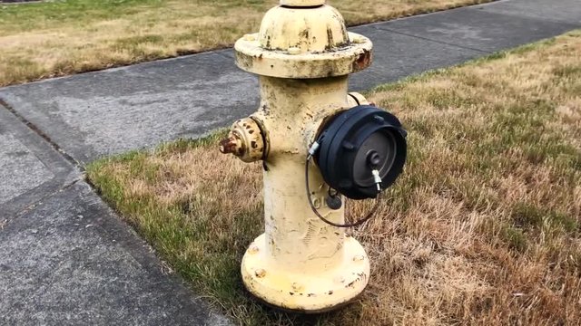 this is a circling shot of a yellow fire hydrant in a housing development neighborhood on a sidewalk in summertime