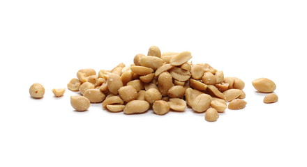 Salty peanuts, pile isolated on white background