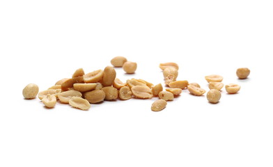 Salty peanuts, pile isolated on white background
