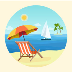 Fototapeta na wymiar Deck chairs and umbrella beach on the beach. Sailing ship in the ocean. Vector flat style illustration
