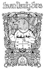 Gluttony. Latin word Gula means Overweight or Obesity. Seven deadly sins concept, black and white line art. Hand drawn engraved illustration, tattoo and t-shirt design, religious symbol