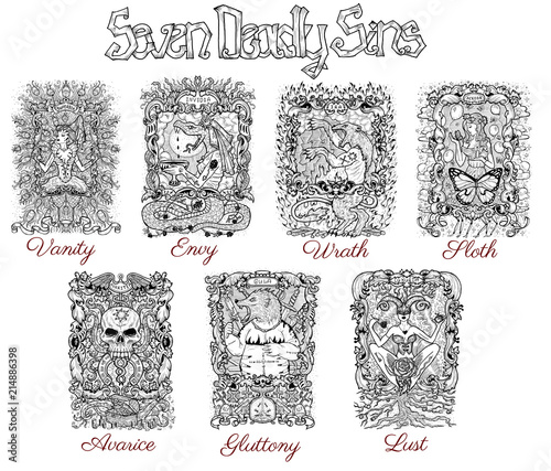 Set With Seven Deadly Sins Characters In Frames Black And White Line Art Hand Drawn Engraved Illustration Tattoo And T Shirt Design Religious Symbol Ancient Wall Mural Ancie Samiramay
