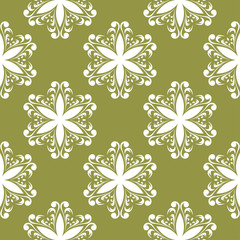 White flower on olive green background. Seamless pattern