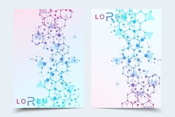 Scientific brochure design template. Vector flyer layout, Molecular structure with connected lines and dots. Scientific pattern atom DNA with elements for magazine, leaflet, cover, poster design.