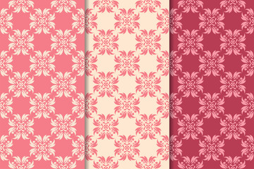 Set of red floral ornaments. Cherry pink vertical seamless patterns