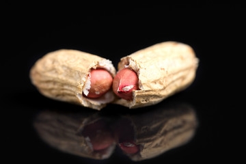 Peanuts close-up in shell, on a black background with reflection.