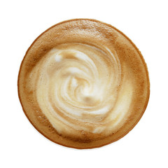 Top view of hot coffee cappuccino latte cup with spiral milk foam isolated on white background, clipping path included.