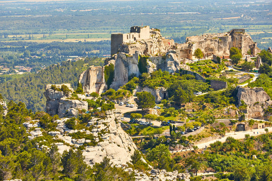 Provencal village Les Baux de Provence and view of Sarragan  sto