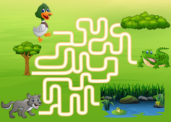 Maze Game of the crocodile, duck and wolf to find a way to the lake, forest and tree