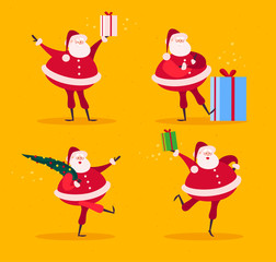 Vector collection of flat funny Santa Claus characters with fir tree and gift boxes isolated on yellow background. Cartoon style. Good for Christmas and New Year card, banner, web, leaflet, poster etc
